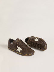 Women’s Super-Star LTD in dark brown leather with cream suede star and studs