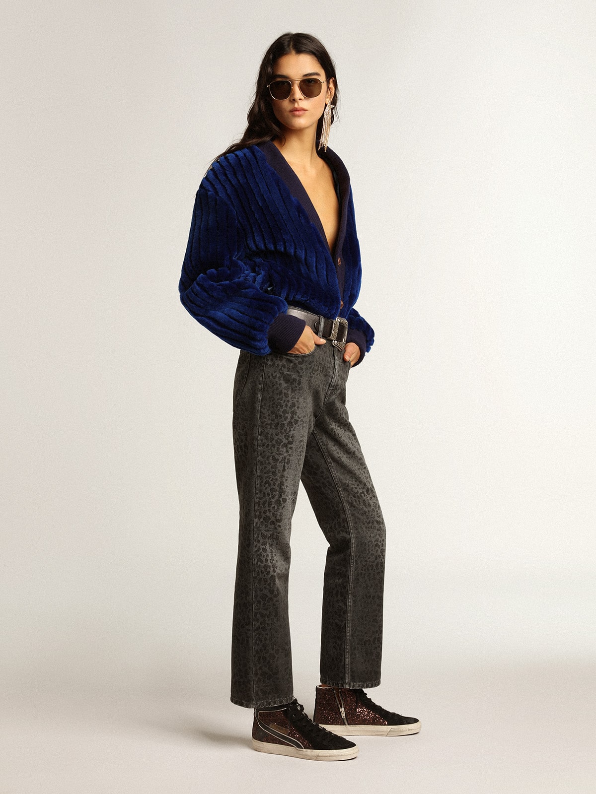 Slide in brown glitter with black leather star and flash