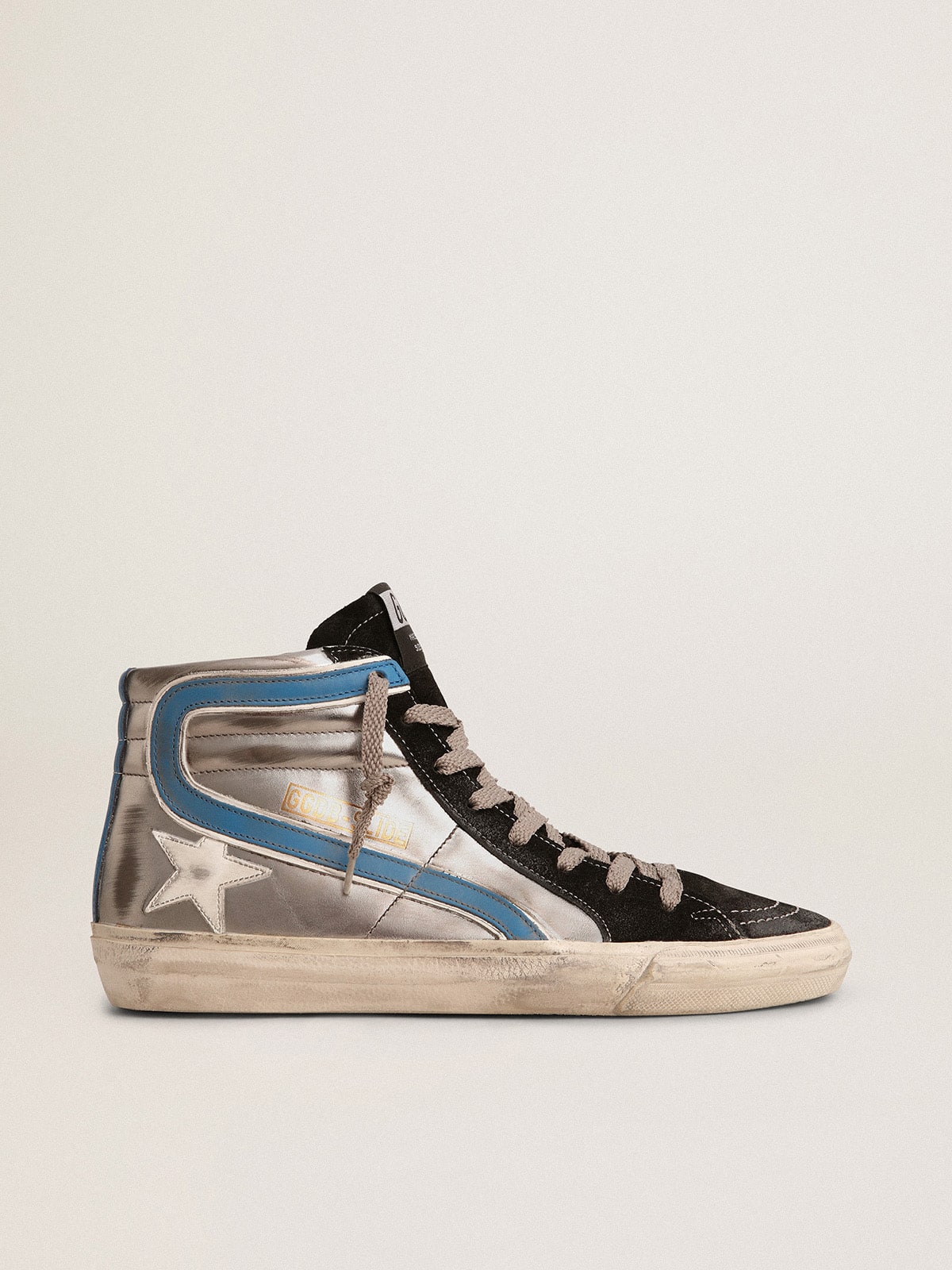 Slide in silver metallic leather with white leather star