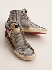 Women’s Slide with silver metallic leather upper and red metallic leather flash