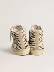 Women's Slide in zebra-print pony skin with green laminated leather flash