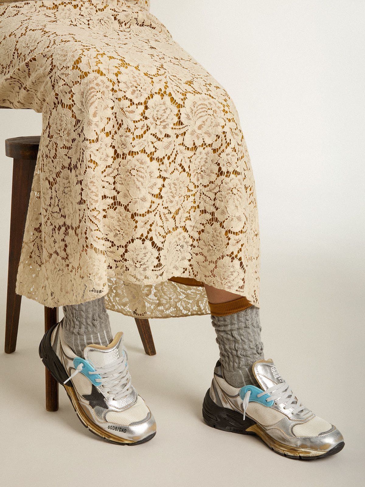 Women's Dad-Star in mesh and silver foiled leather with black suede star