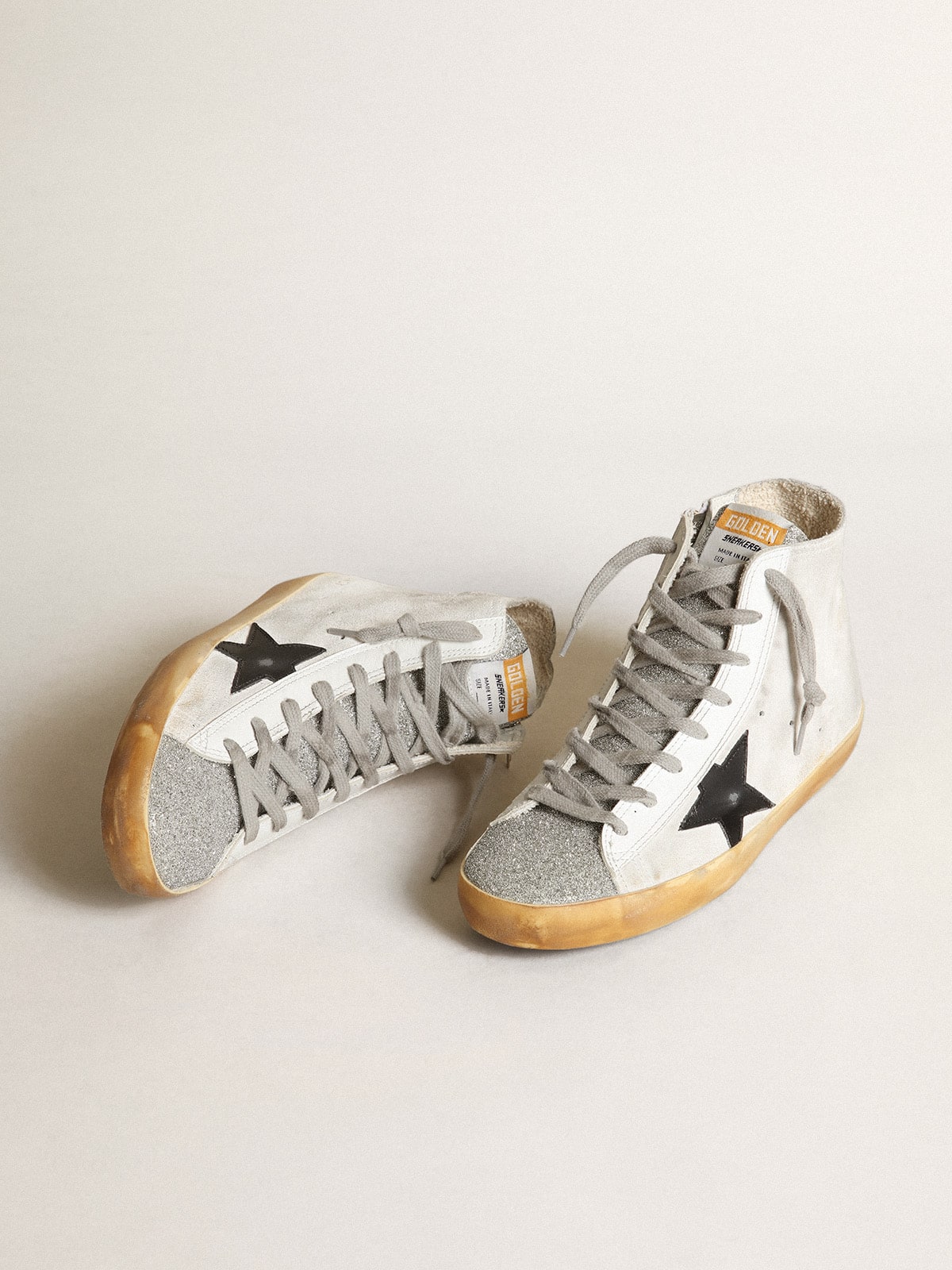 Women’s Francy in white suede with black leather star and silver Swarovski crystal tongue