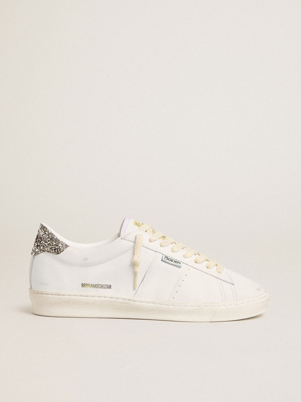 Matchstar in white leather with silver glitter heel tab