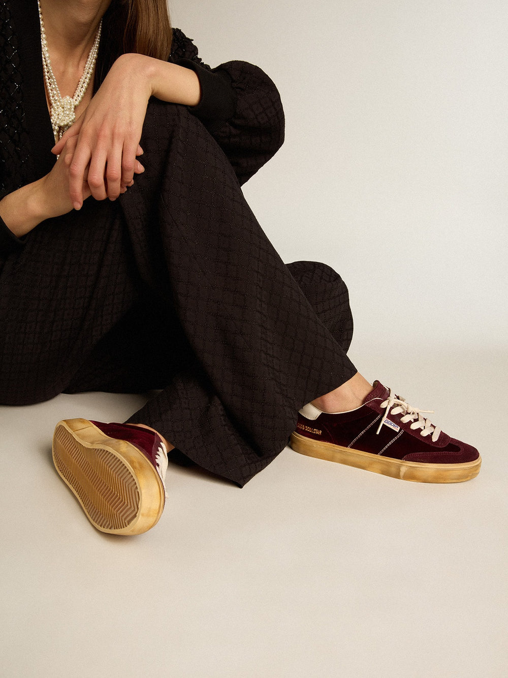 Soul Star in burgundy velvet with white leather heel tab