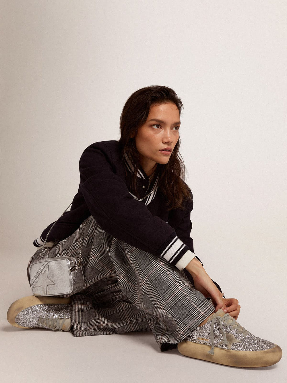 Women's Space-Star shoes in silver glitter with shearling lining