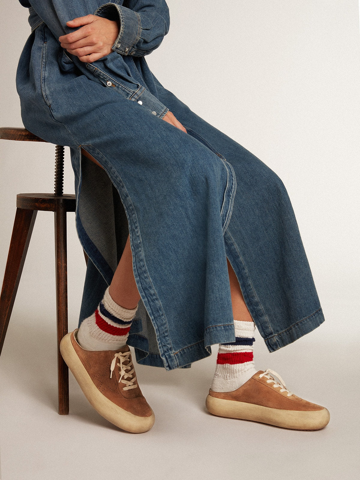 Women's Space-Star Sabot in tobacco-colored suede with perforated star