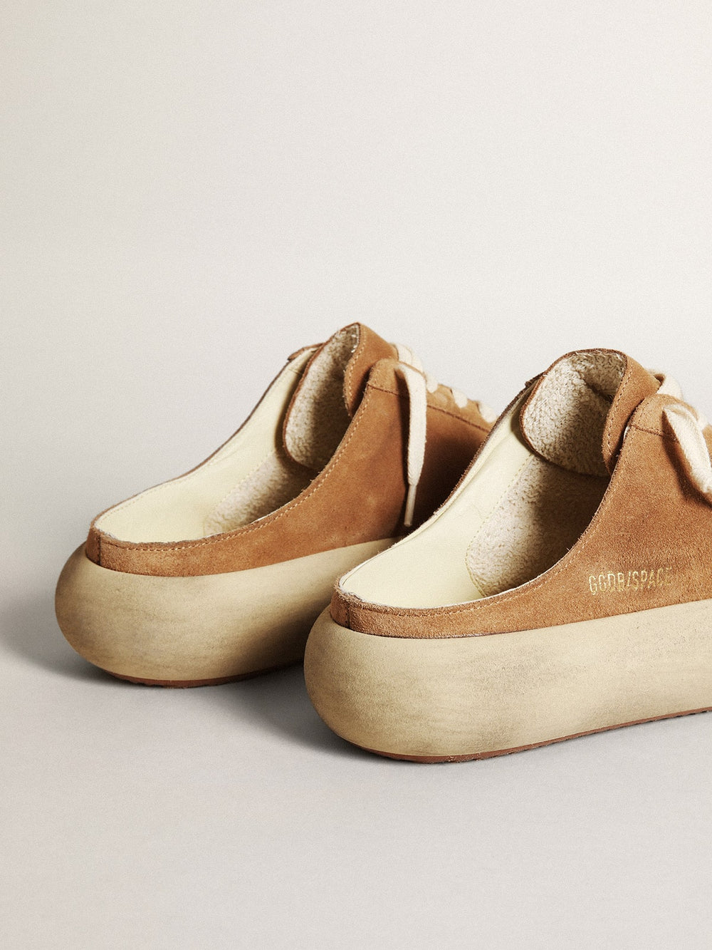 Women's Space-Star Sabot in tobacco-colored suede with perforated star