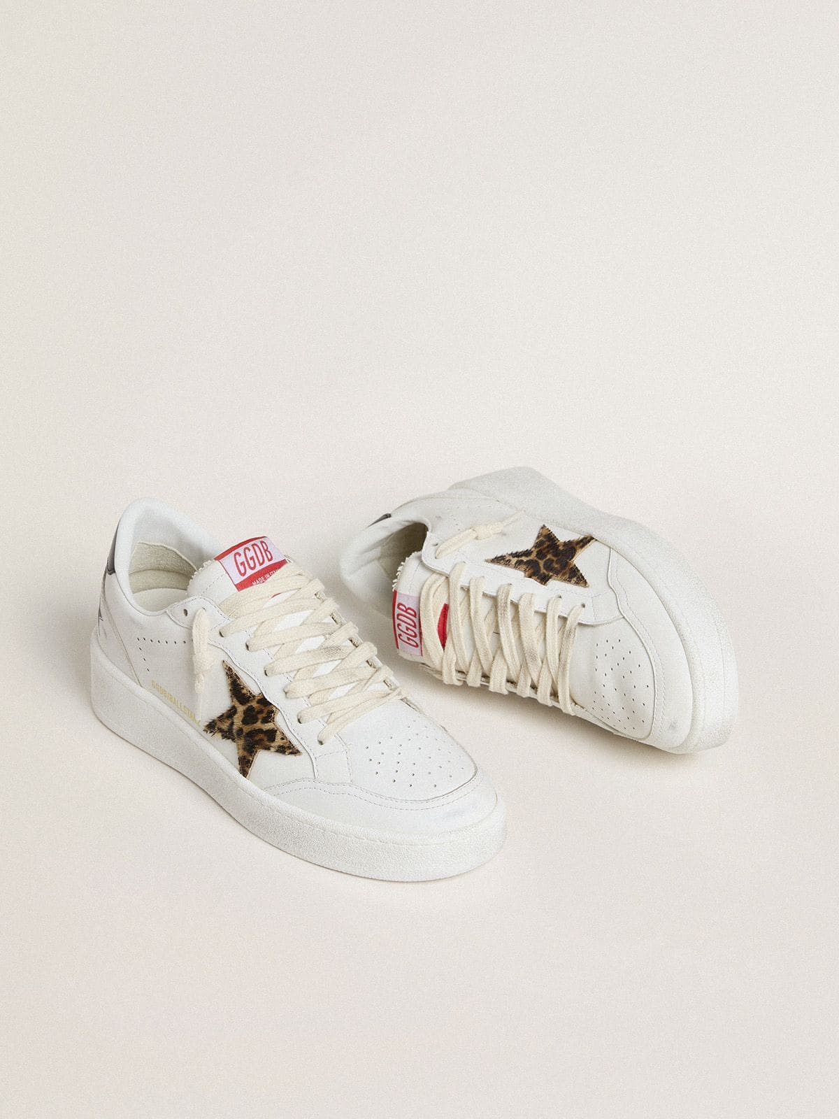 Ball Star with leopard pony skin star and black laminated leather heel tab