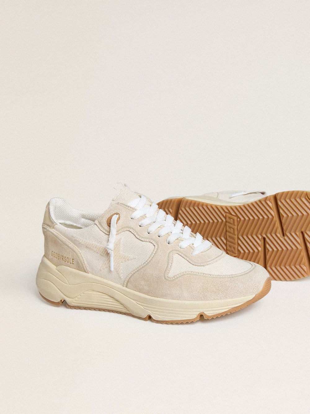 Women's Running Sole in canvas with beige star and platinum metallic leather heel tab