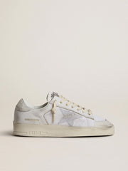 Stardan LTD in white leather with star and heel tab in ice-gray suede