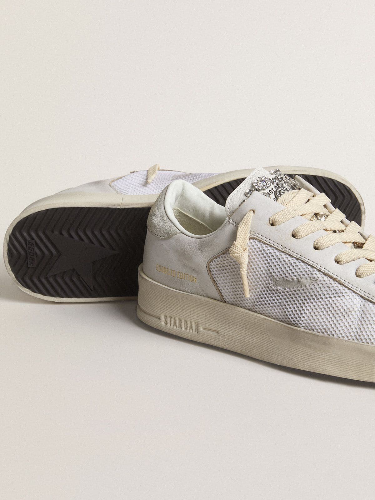 Stardan LTD in white leather with star and heel tab in ice-gray suede