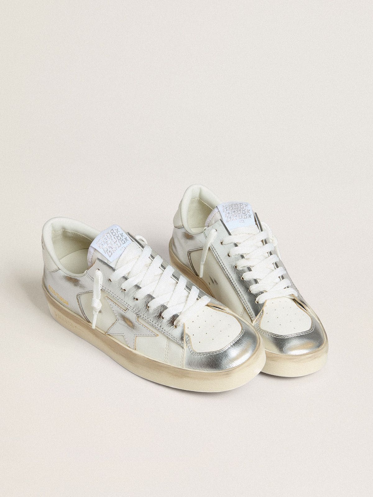 Stardan in silver foiled leather with white heel tab