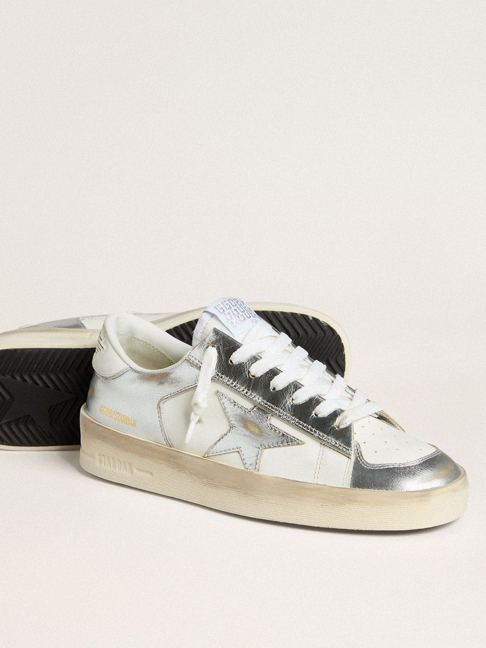 Stardan in silver foiled leather with white heel tab