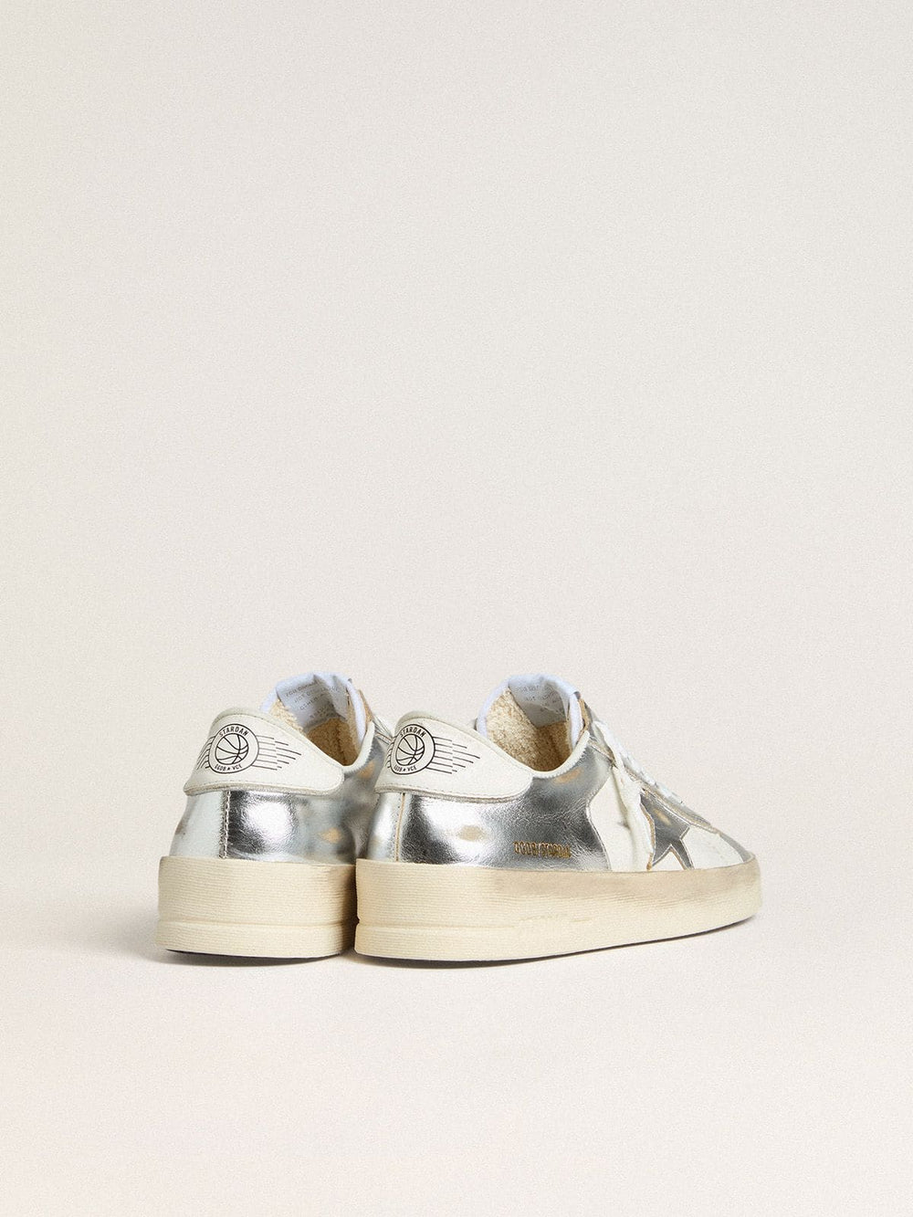 Stardan in silver foiled leather with white heel tab