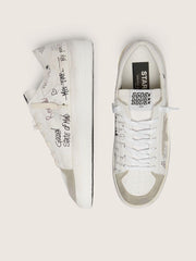 Stardan with beige suede star and toe and all-over lettering and patterns