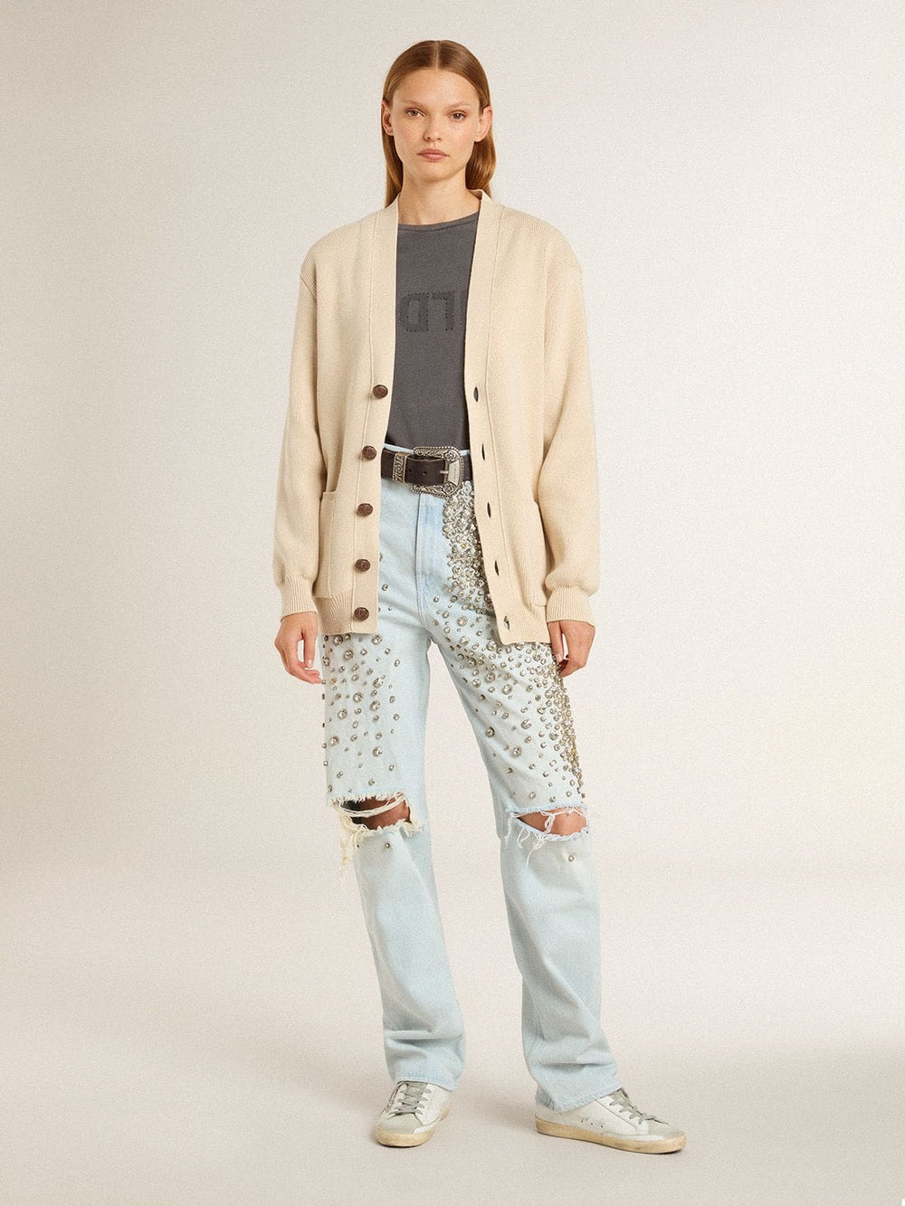 Super-Star Sabot with a platinum glitter star and suede tongue