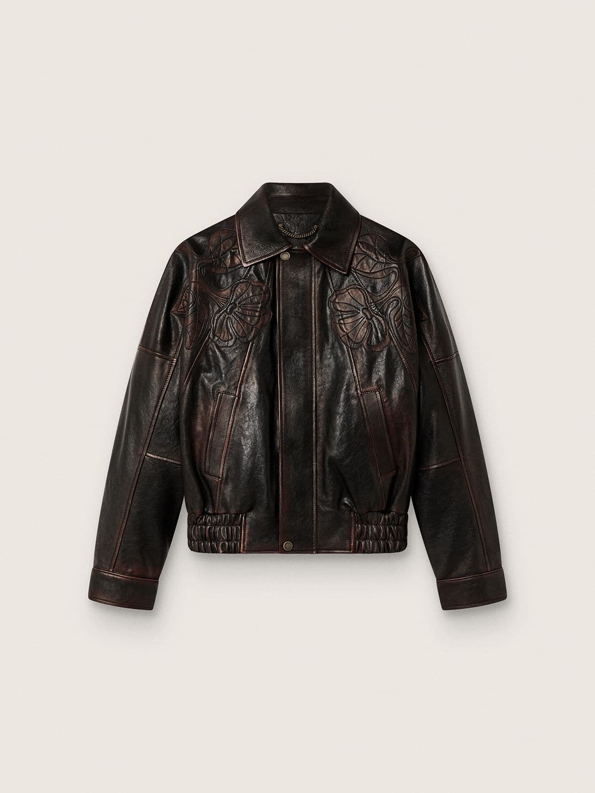 Women's bomber jacket in dark burgundy nappa leather with floral embroidery