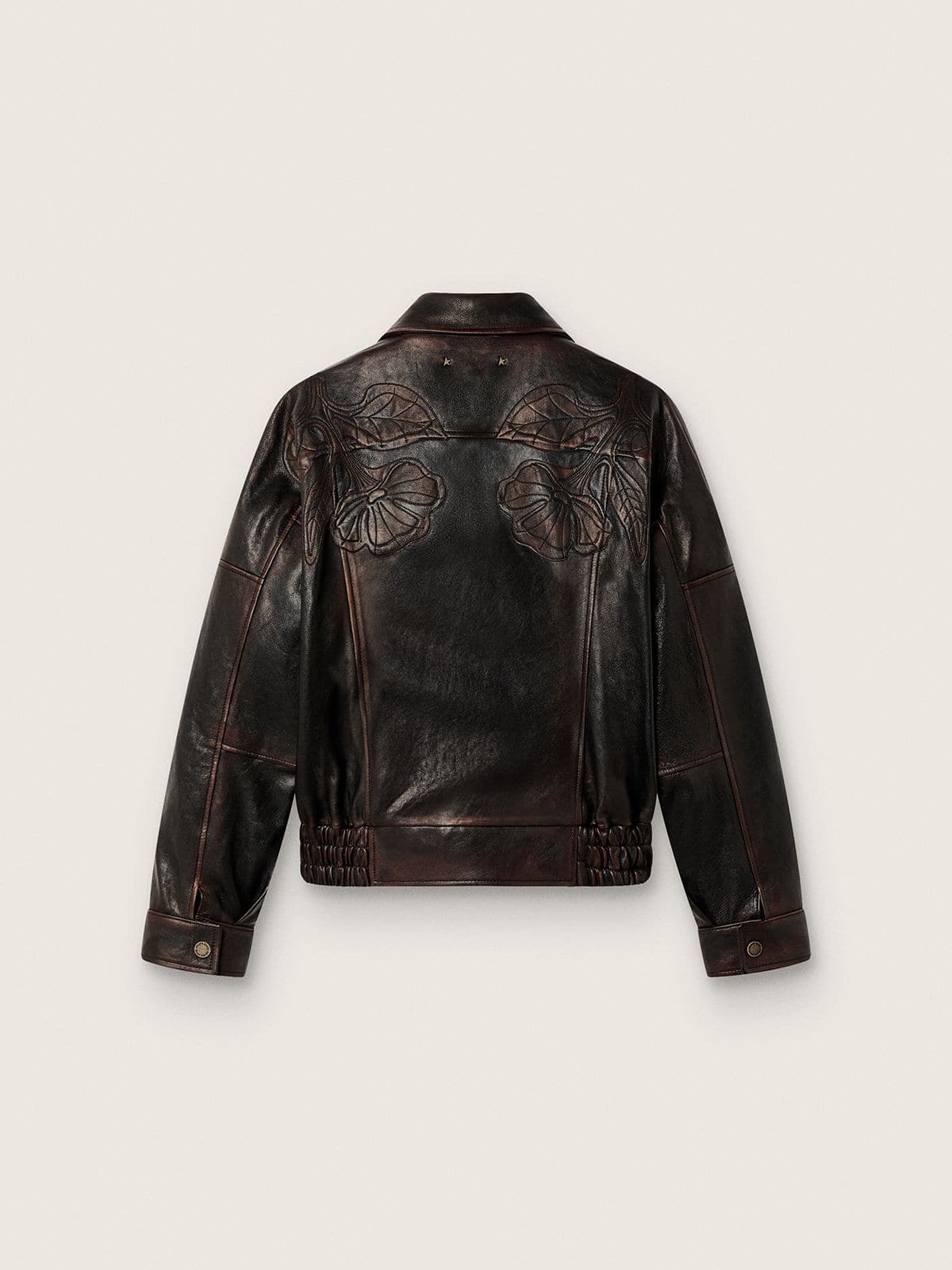 Women's bomber jacket in dark burgundy nappa leather with floral embroidery
