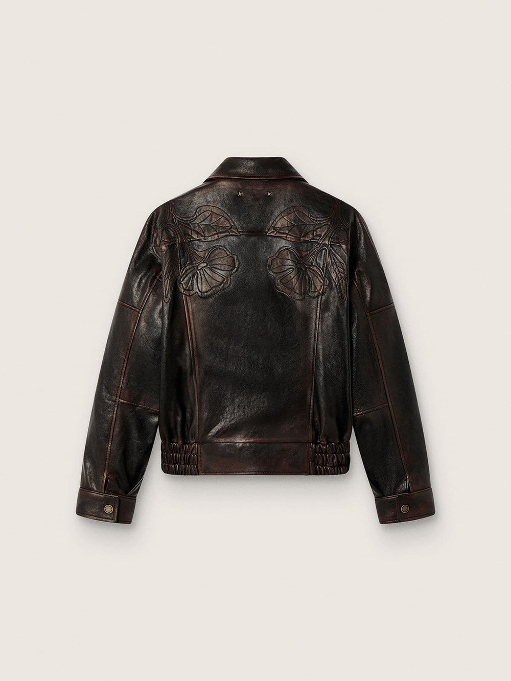 Women's bomber jacket in dark burgundy nappa leather with floral embroidery