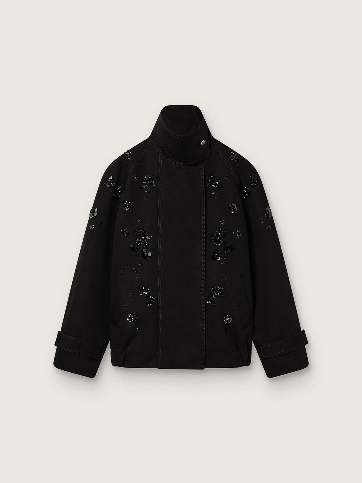 Women’s oversized jacket in black cotton twill with floral sequin embroidery