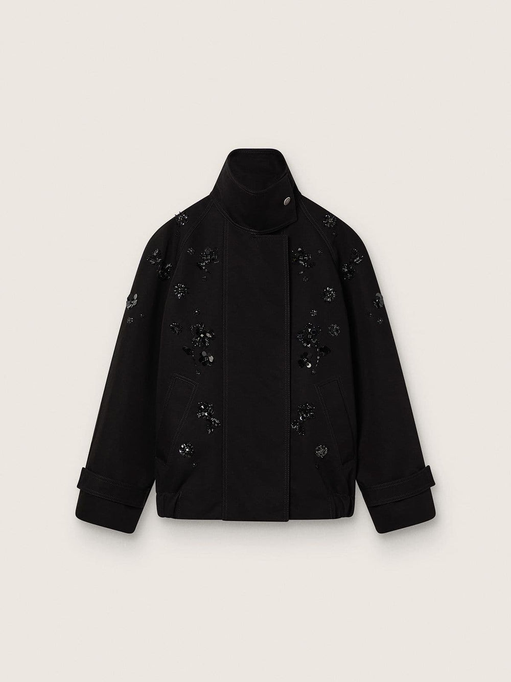 Women’s oversized jacket in black cotton twill with floral sequin embroidery
