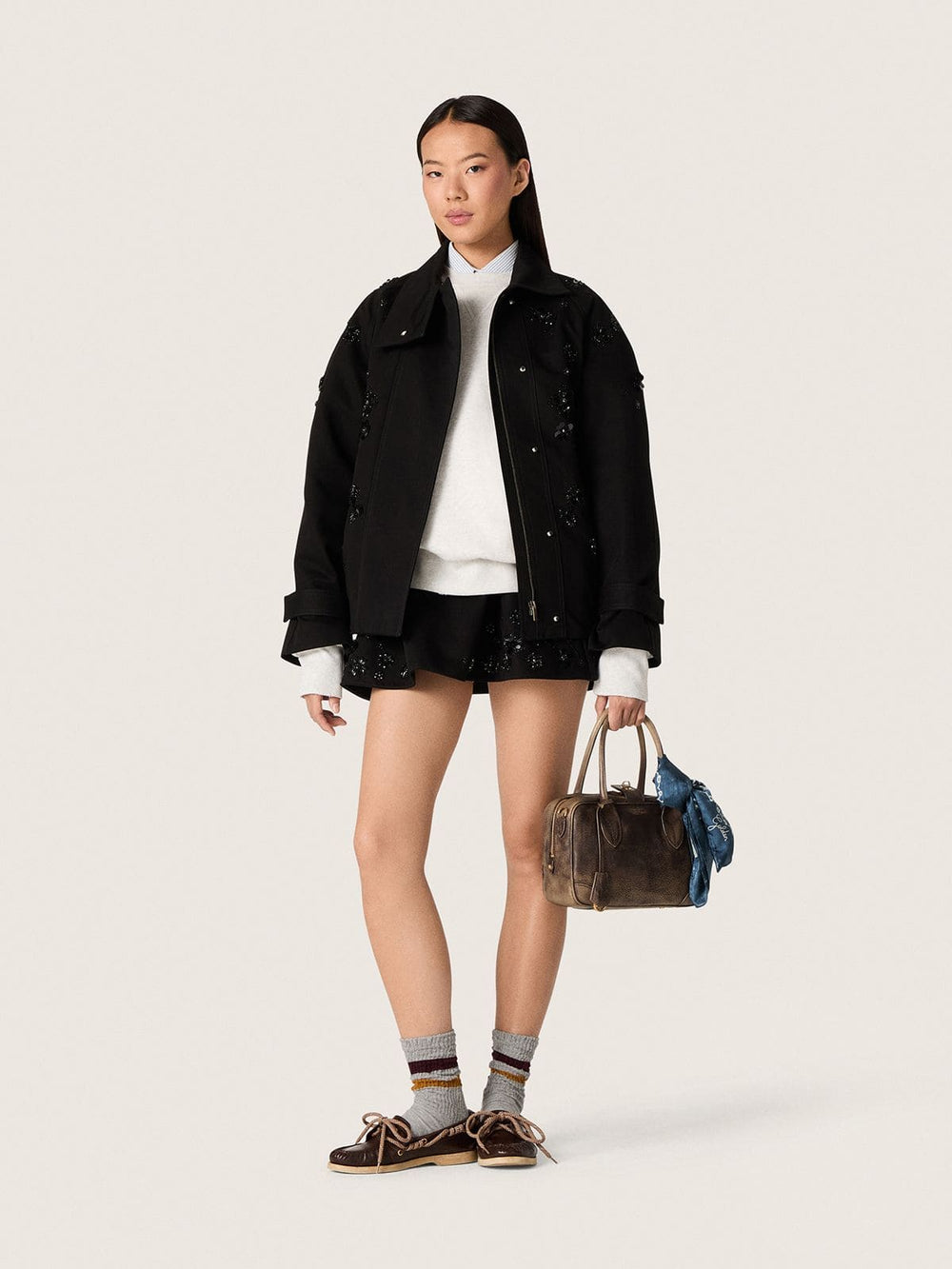 Women’s oversized jacket in black cotton twill with floral sequin embroidery