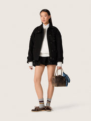 Women’s oversized jacket in black cotton twill with floral sequin embroidery