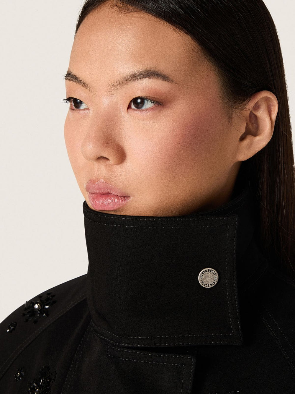 Women’s oversized jacket in black cotton twill with floral sequin embroidery