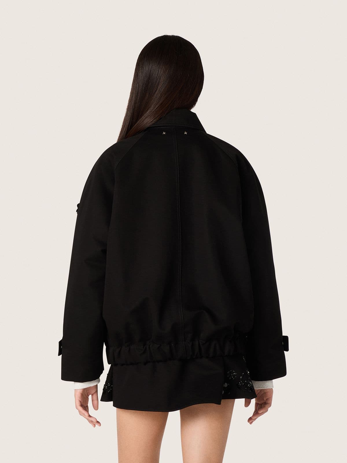 Women’s oversized jacket in black cotton twill with floral sequin embroidery