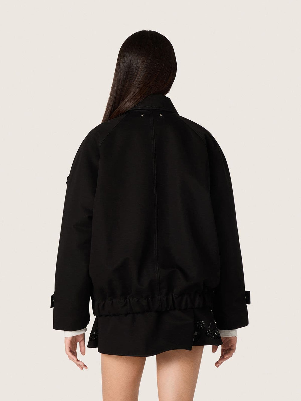 Women’s oversized jacket in black cotton twill with floral sequin embroidery