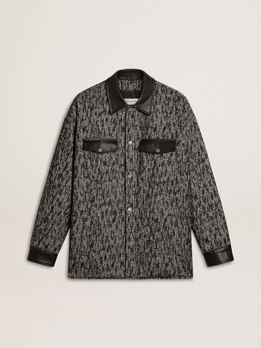 Gray herringbone jacket with black leather details