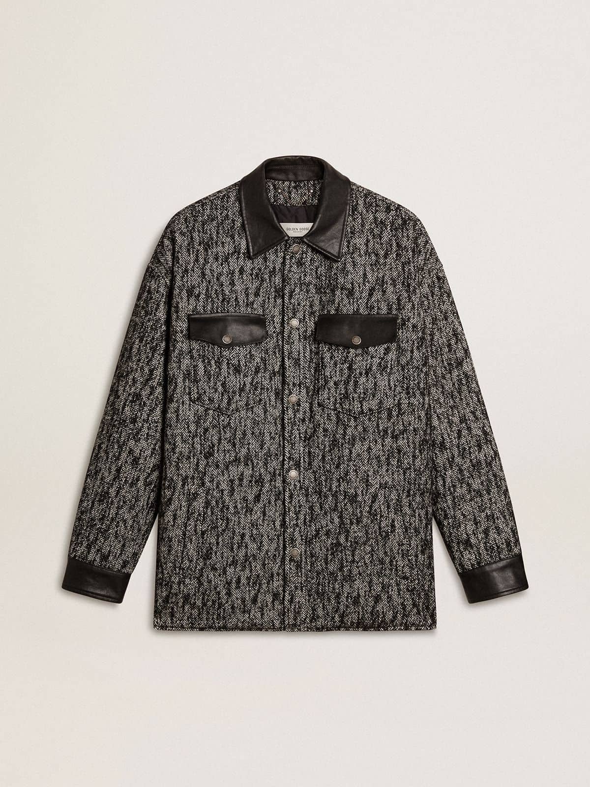 Gray herringbone jacket with black leather details