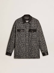 Gray herringbone jacket with black leather details