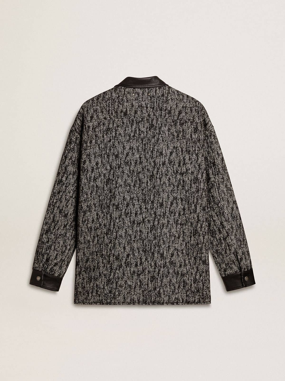 Gray herringbone jacket with black leather details