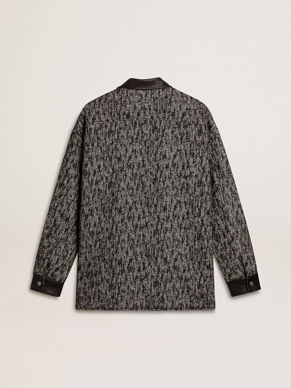 Gray herringbone jacket with black leather details