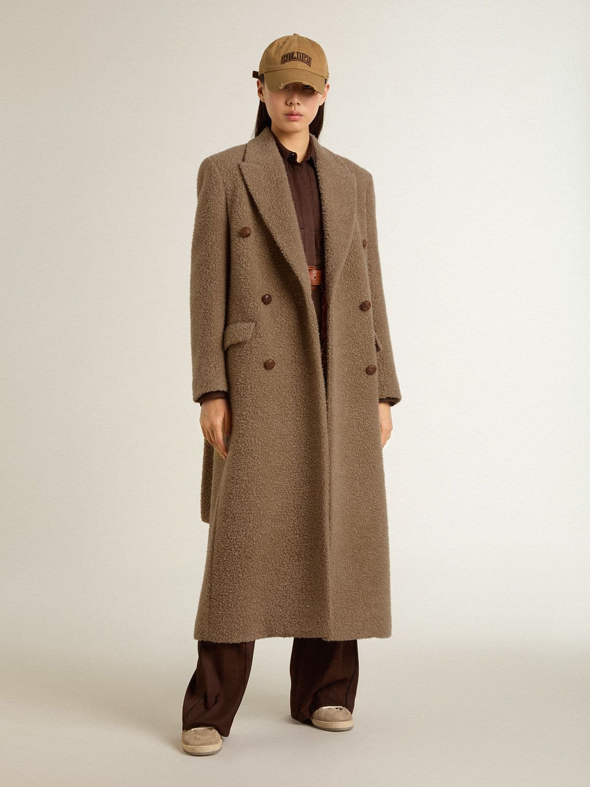 Women's double-breasted coat in a beige wool blend