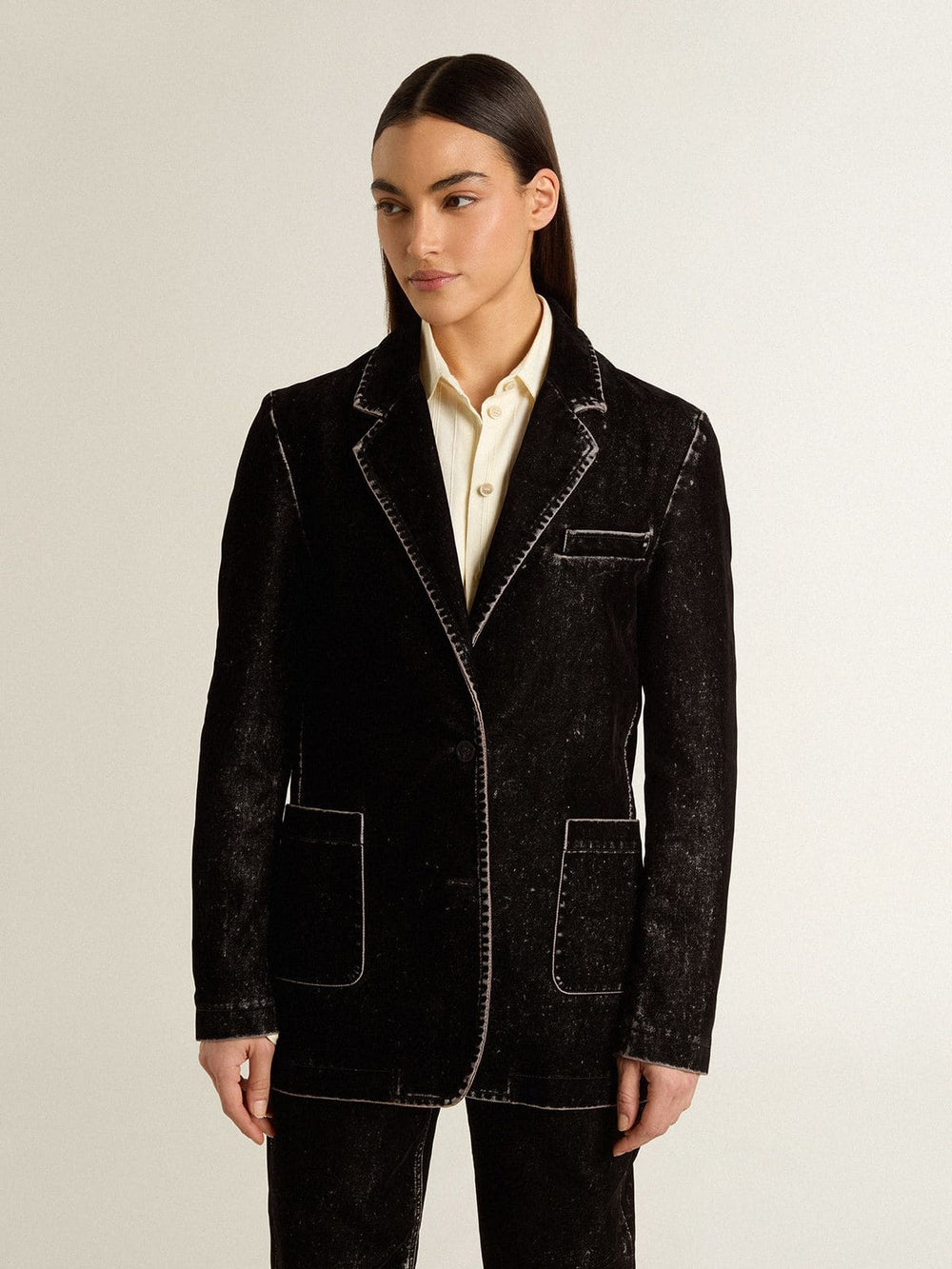Women's black denim jacket with a velvet effect