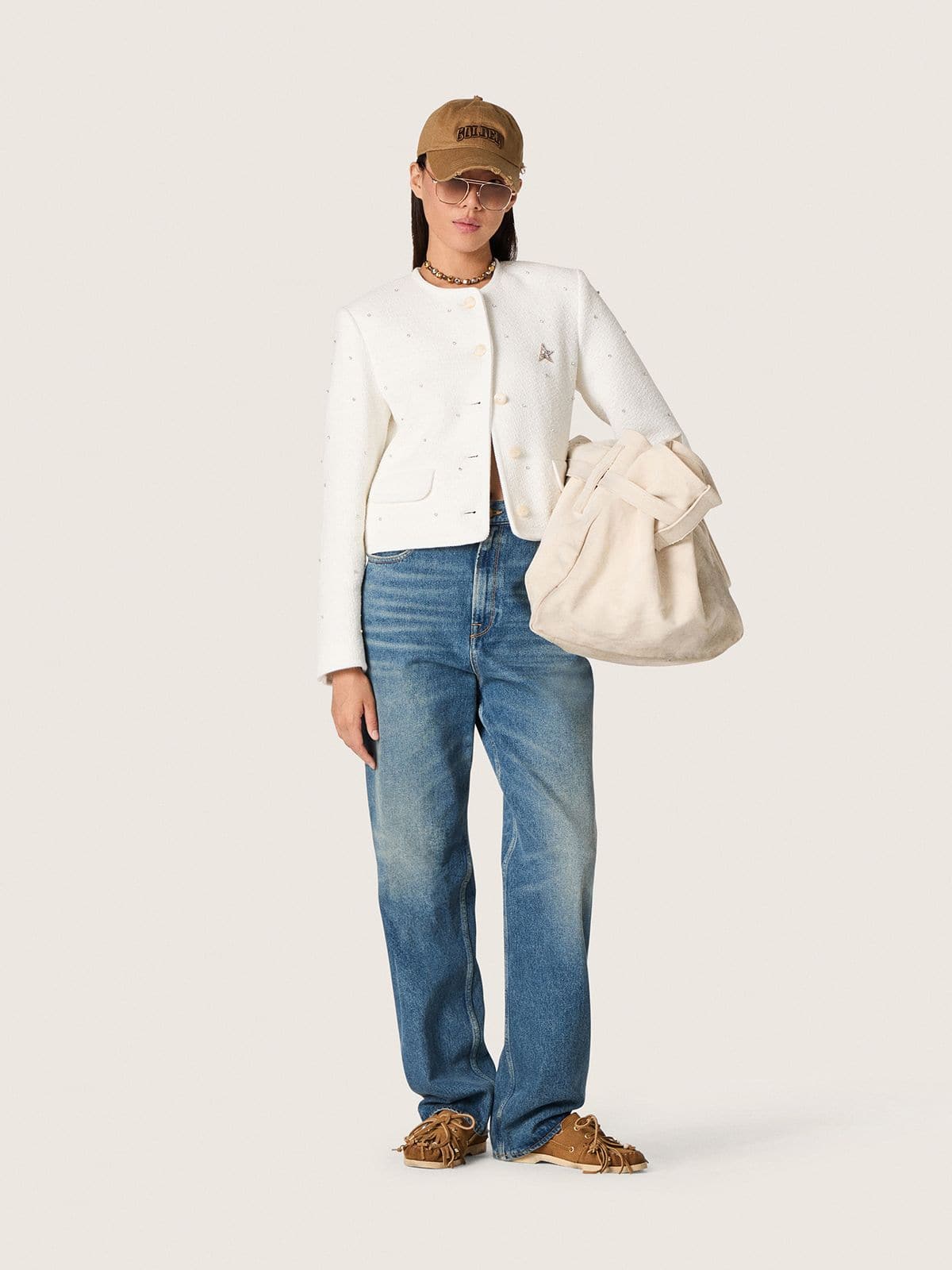 Women’s boxy jacket in bouclé cotton with all-over beads