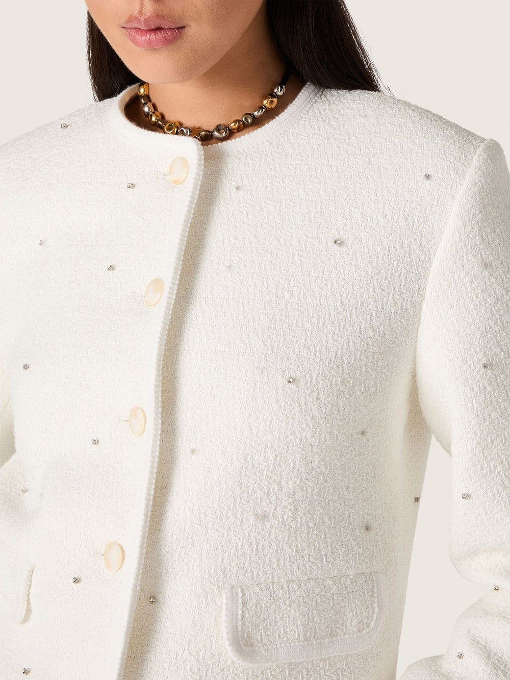 Women’s boxy jacket in bouclé cotton with all-over beads