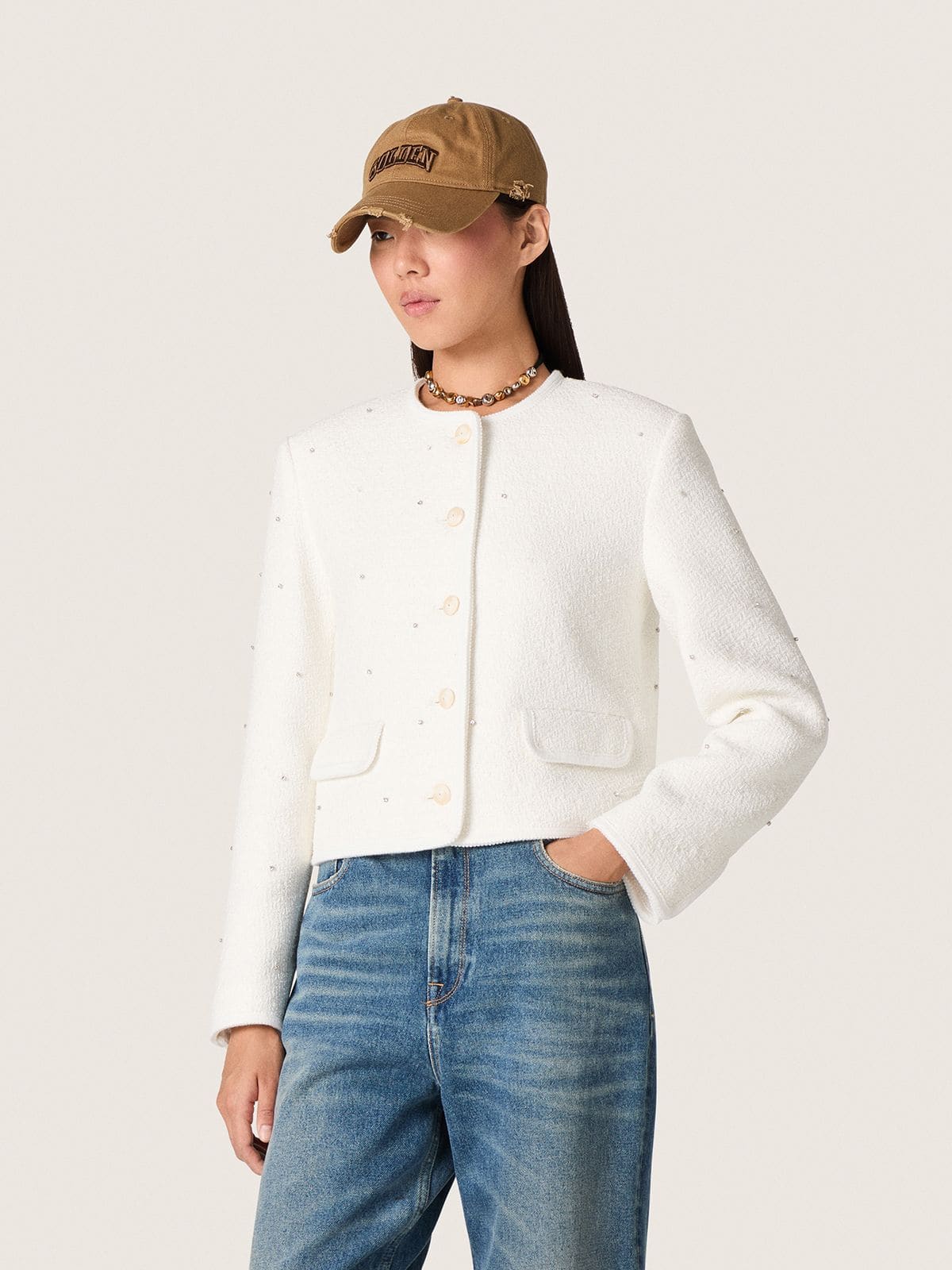 Women’s boxy jacket in bouclé cotton with all-over beads