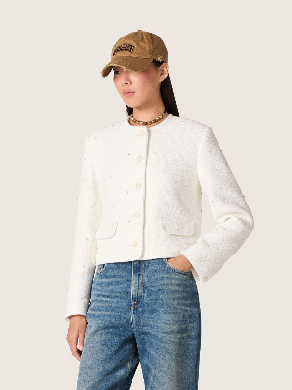 Women’s boxy jacket in bouclé cotton with all-over beads