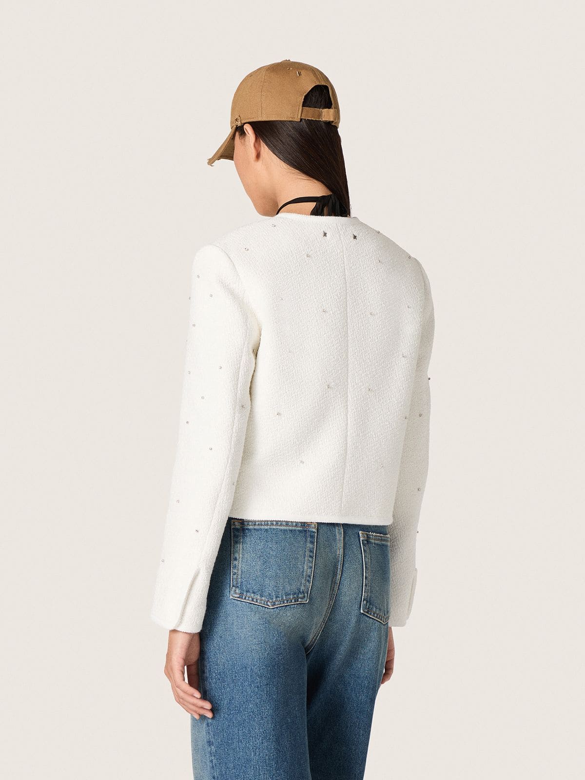 Women’s boxy jacket in bouclé cotton with all-over beads