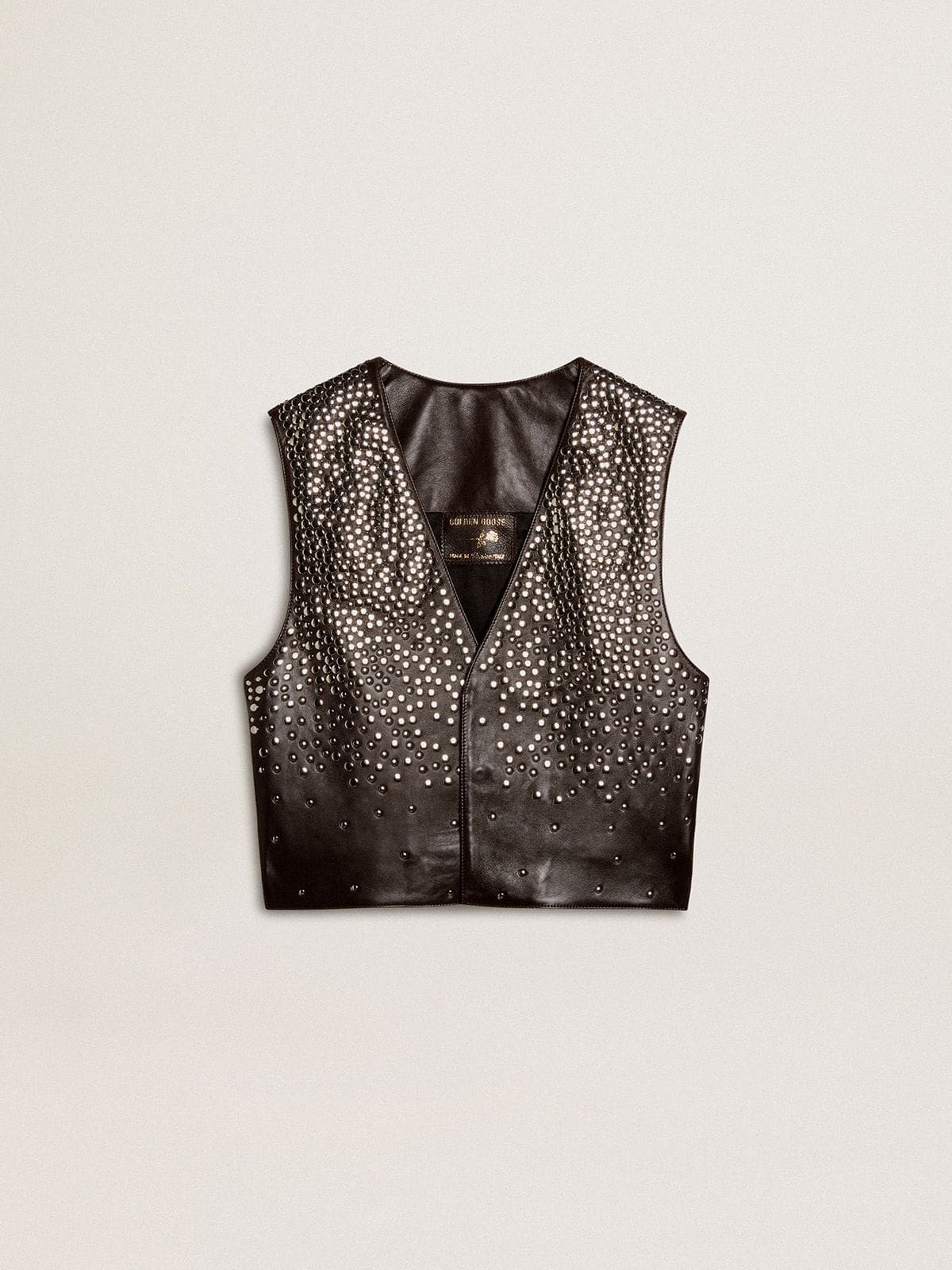 Women's black leather waistcoat with gradient-effect studs