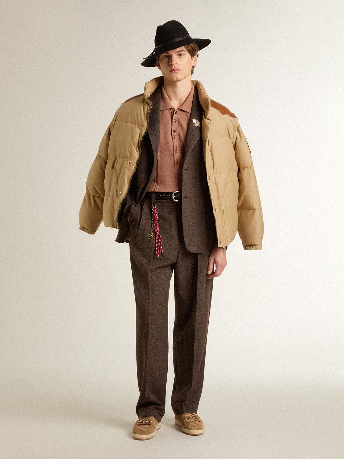 Beige bomber jacket with leather and patch details