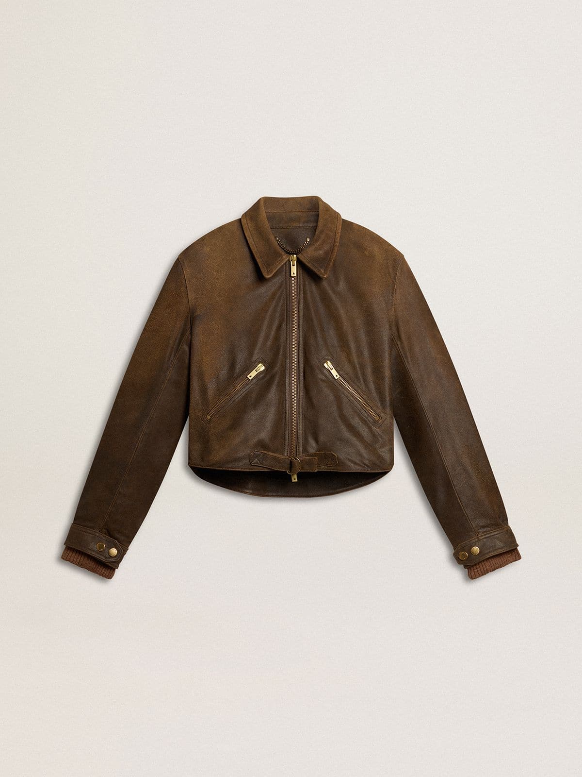 Women’s cropped brown leather biker jacket with zip