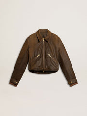 Women’s cropped brown leather biker jacket with zip