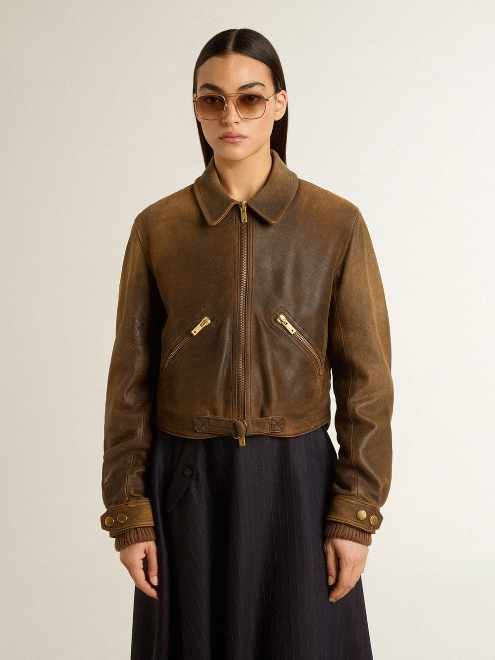 Women’s cropped brown leather biker jacket with zip