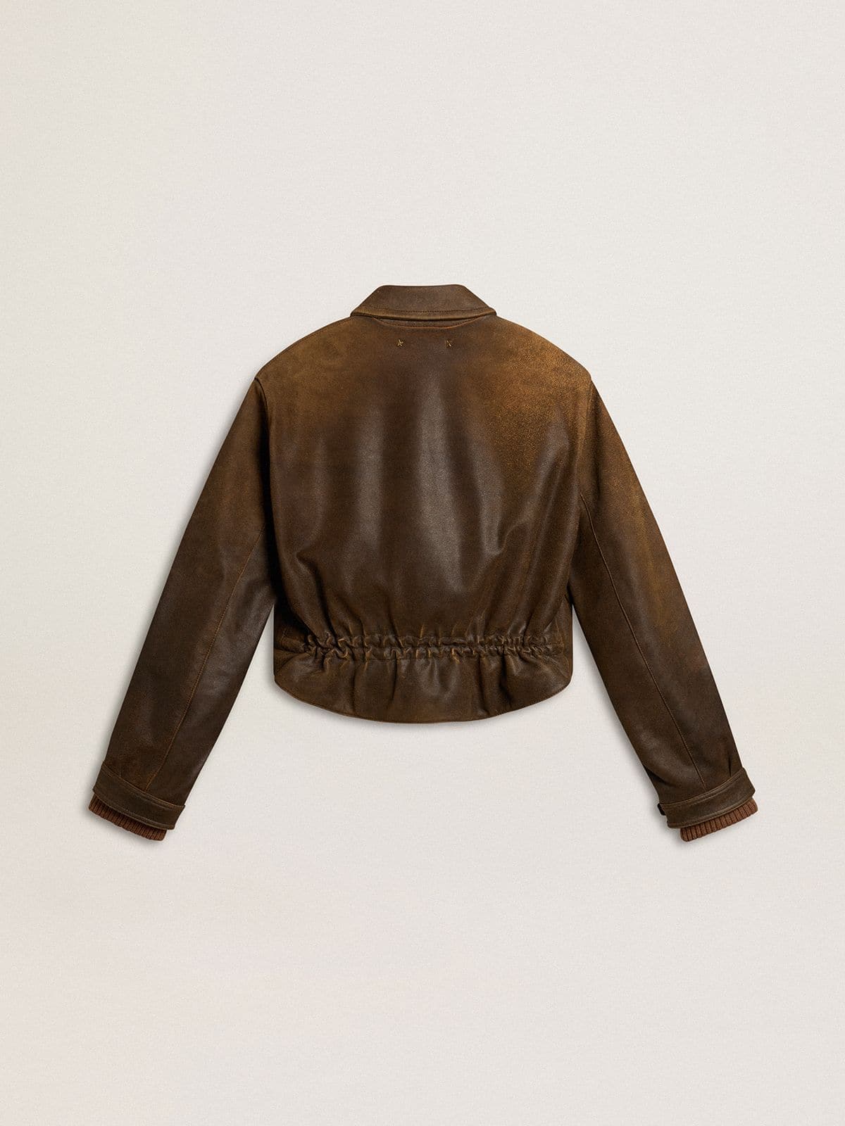 Women’s cropped brown leather biker jacket with zip