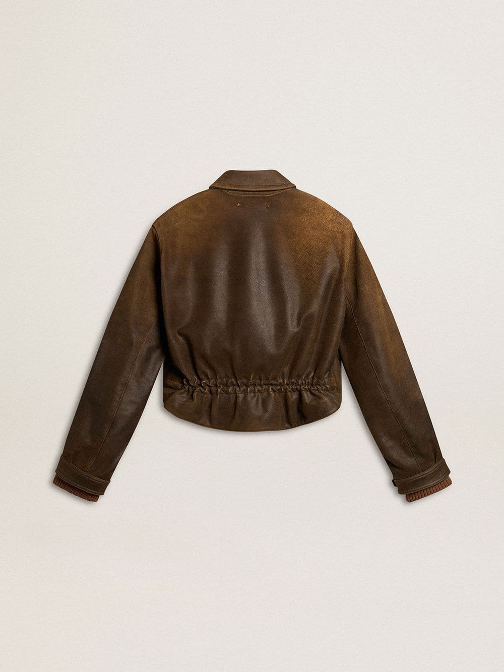 Women’s cropped brown leather biker jacket with zip